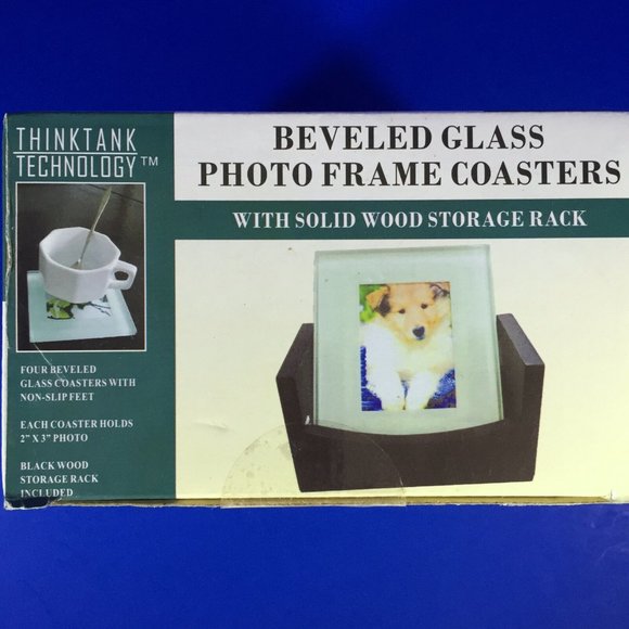 Beveled Glass Photo Frame Coasters 4 With Solid Wood Storage Rack 2" x 3" Photo - Picture 8 of 8